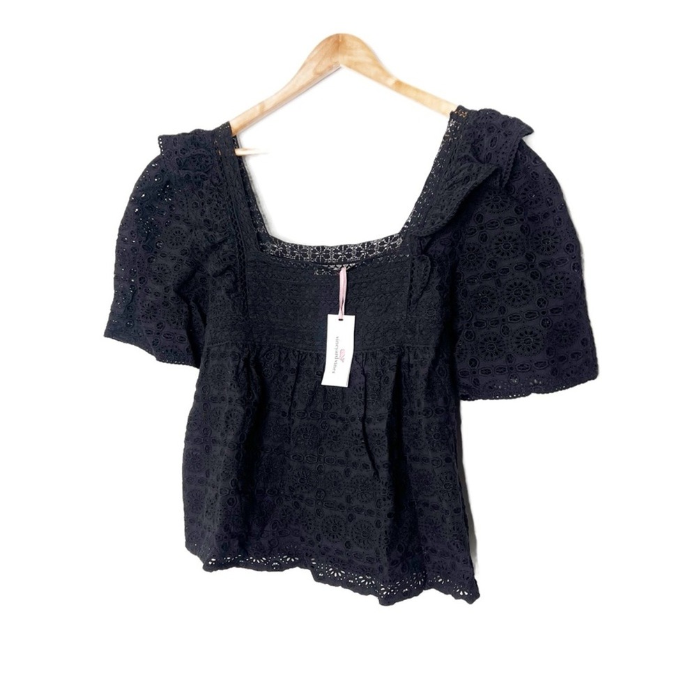 NWT Vineyard‎ Vines Black Eyelet Square Neck Puff Sleeve Babydoll Top